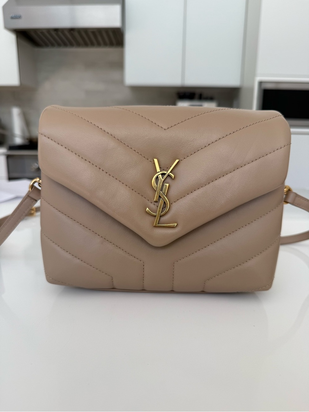 Saint Laurent Taupe Chevron Leather Crossbody with Gold YSL